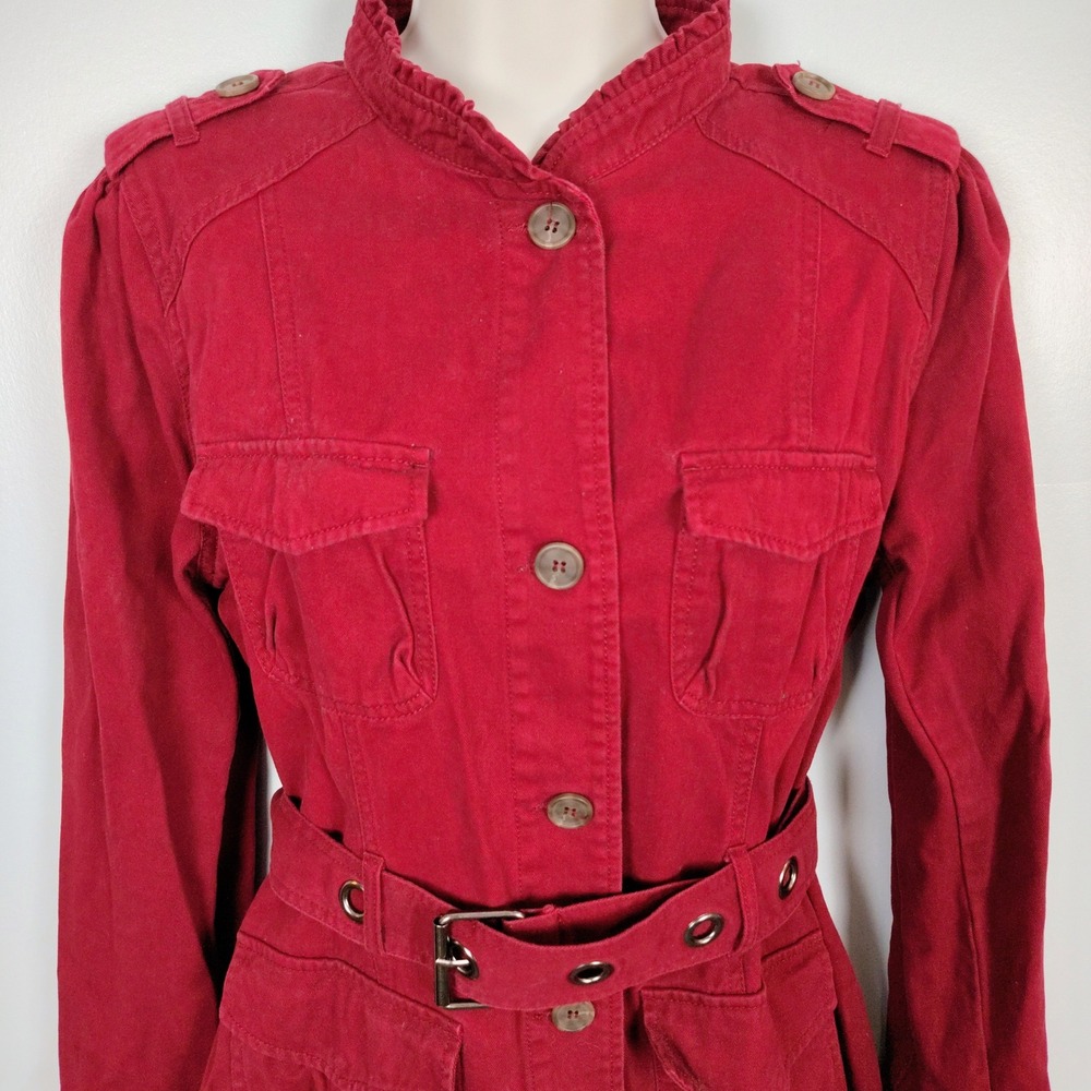 Converse One Star Red Cotton Utility Field Jacket Ruffle Neck Belted Womens L - Picture 3 of 10